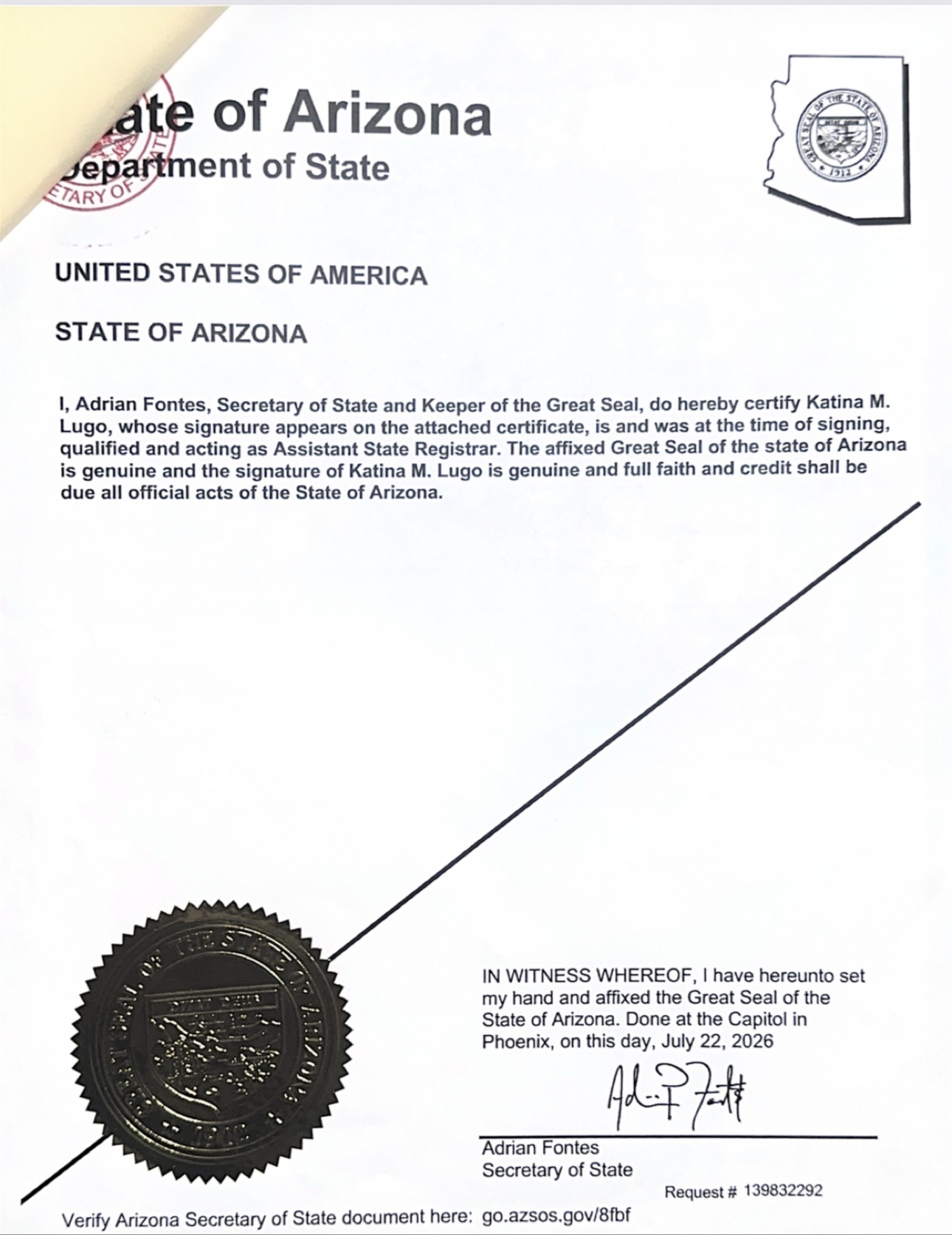 亚利桑那州州务卿认证证书，State of Arizona Department of State 签发