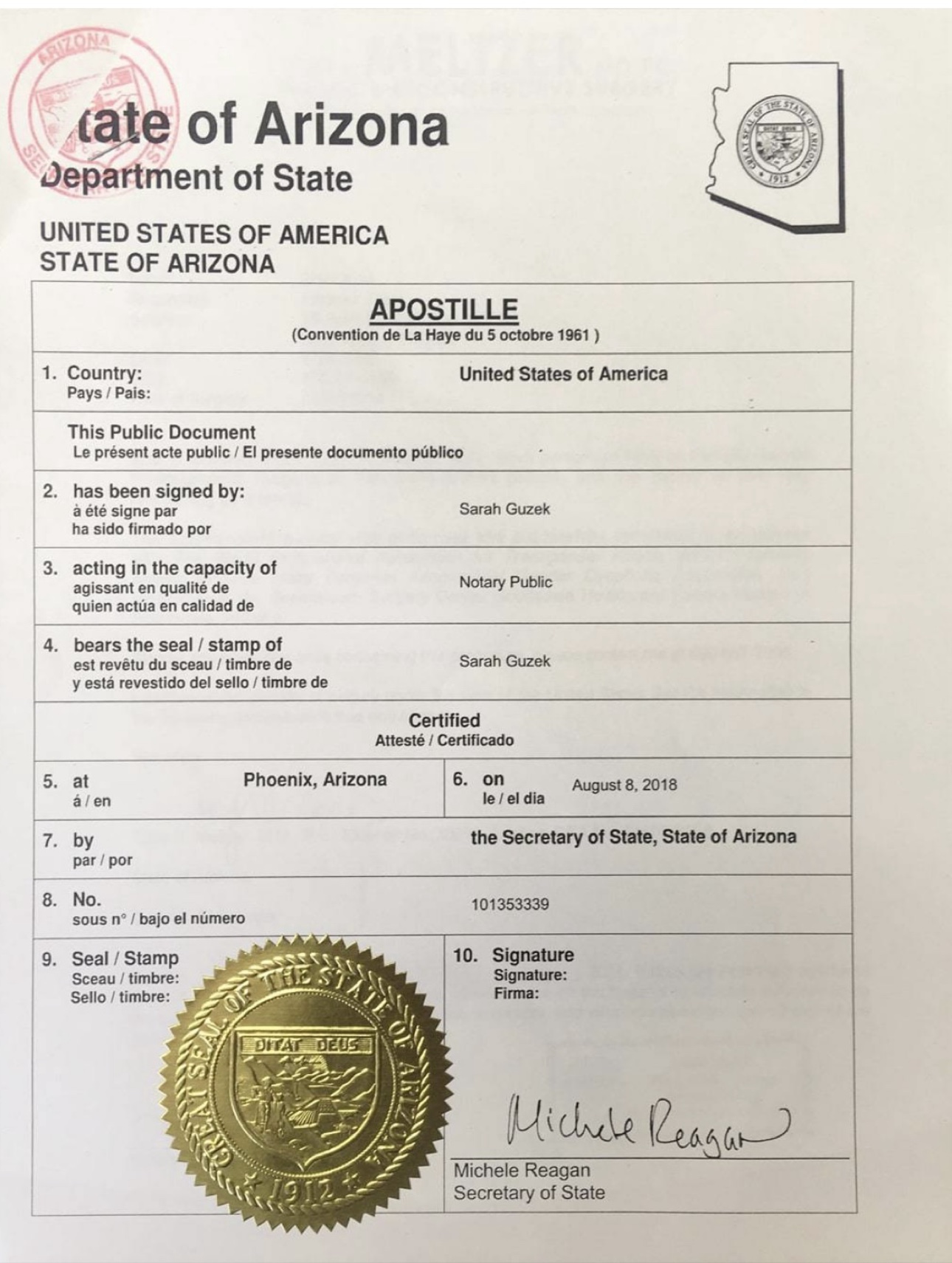 亚利桑那州海牙认证证书，State of Arizona Department of State 签发并附州务卿金印与签名
