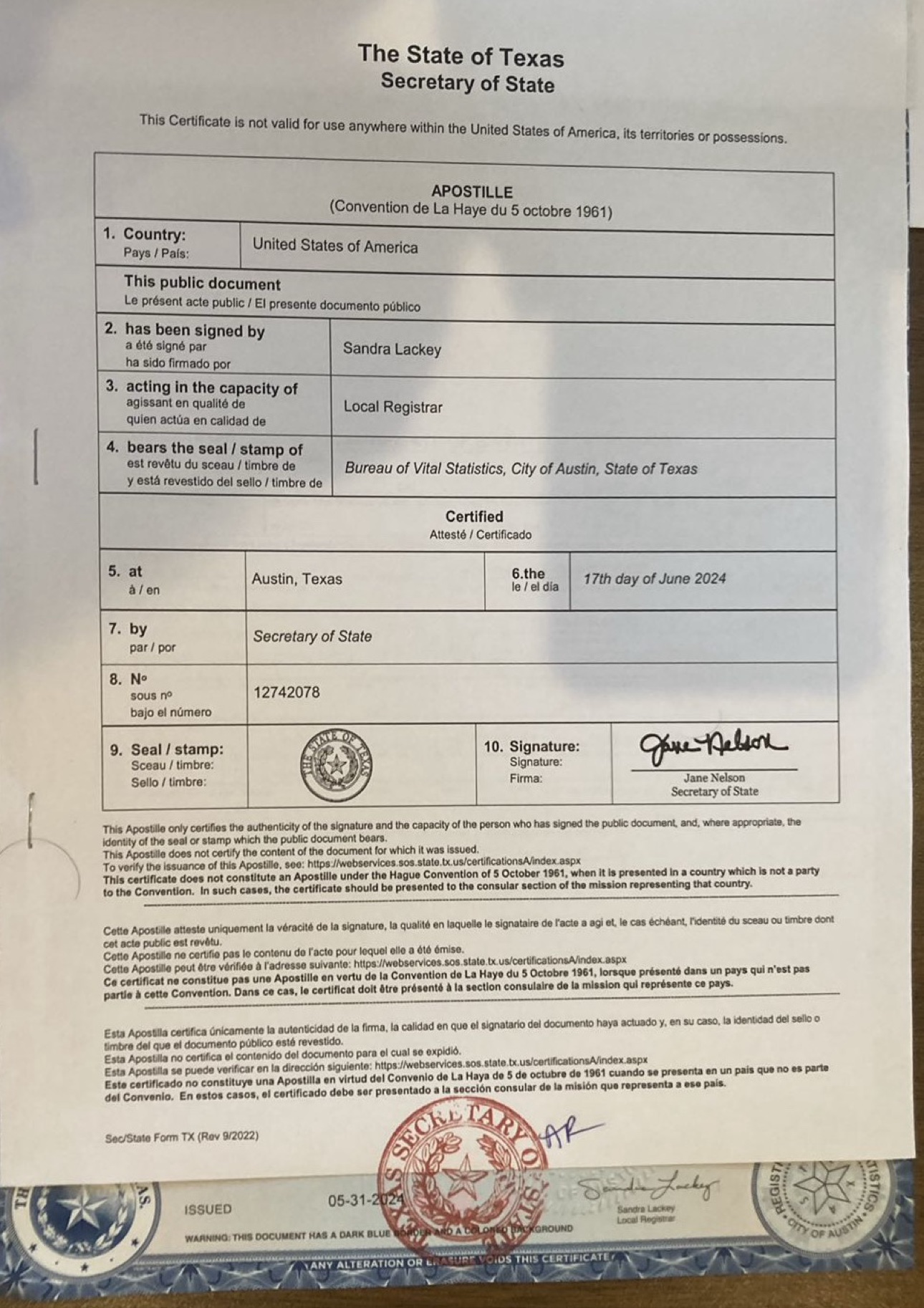 德克萨斯州州务卿海牙认证证书，The State of Texas Secretary of State 签发并盖州务卿印章